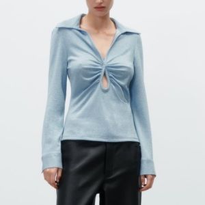 Zara women’s blue open details ruched top blouse